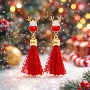 Vibrant Reindeer Christmas Red Tassel Earrings with Gold Accent